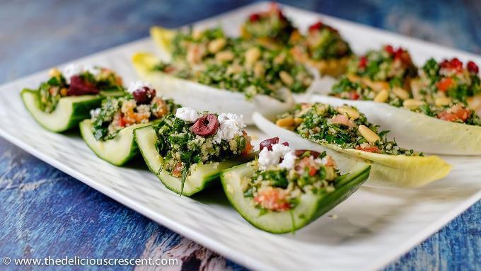 Close up view of tabouli salad served as appetizers.