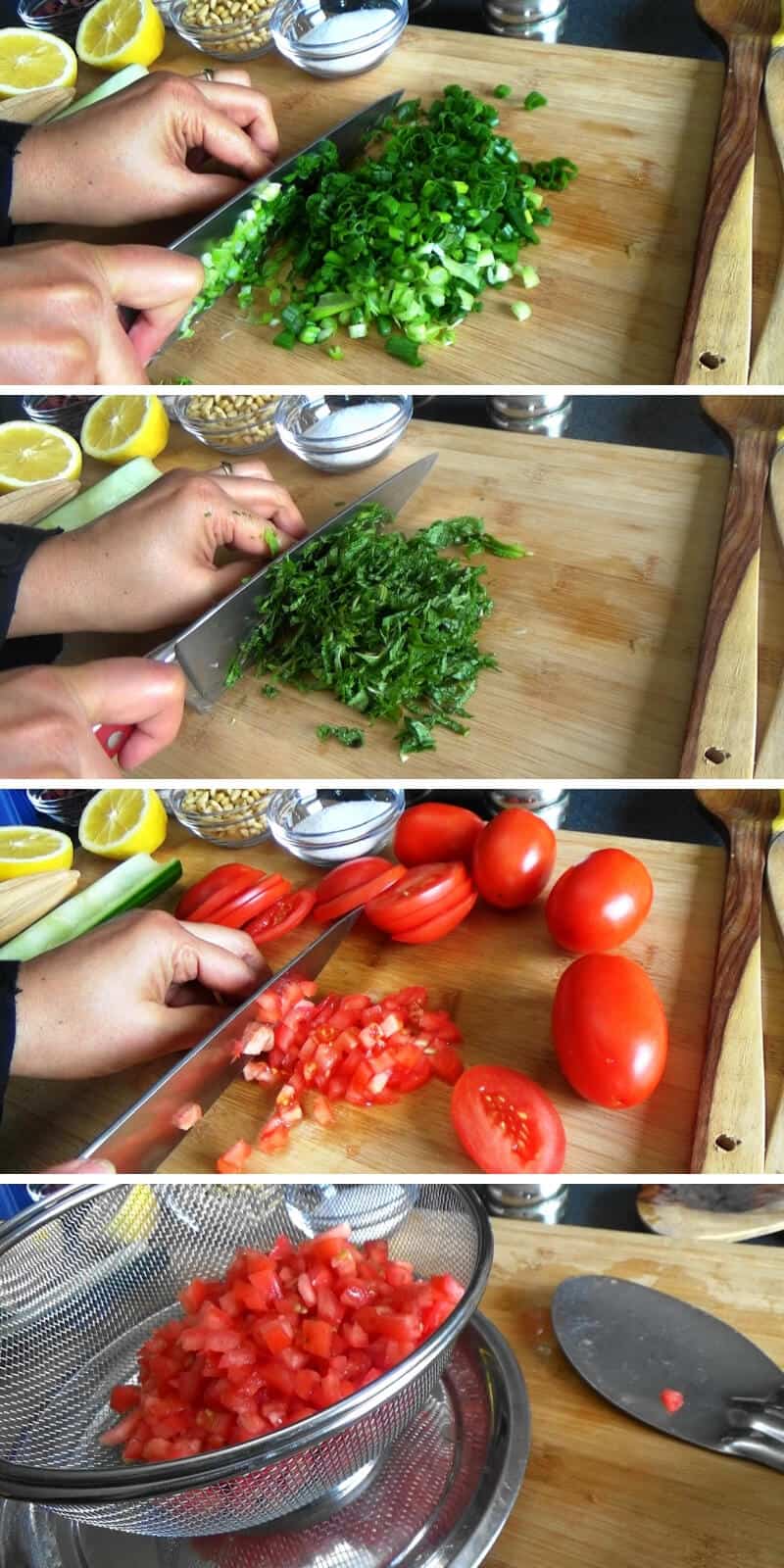 Chopping of mint, green onions and tomatoes for making the tabbouleh salad.