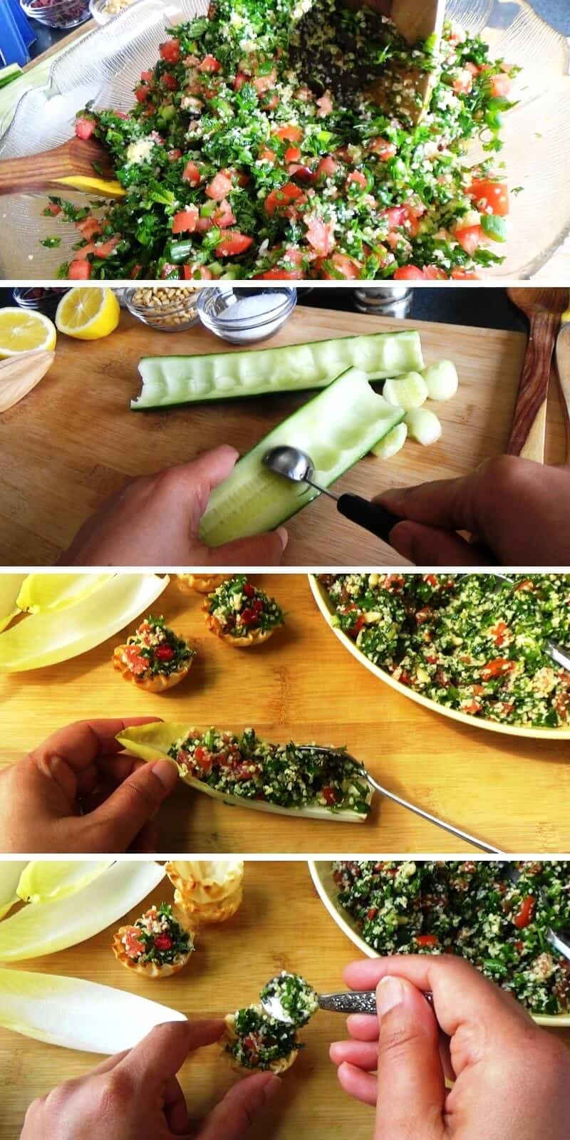 Step by step preparation of bite sized tabouli appetizers.