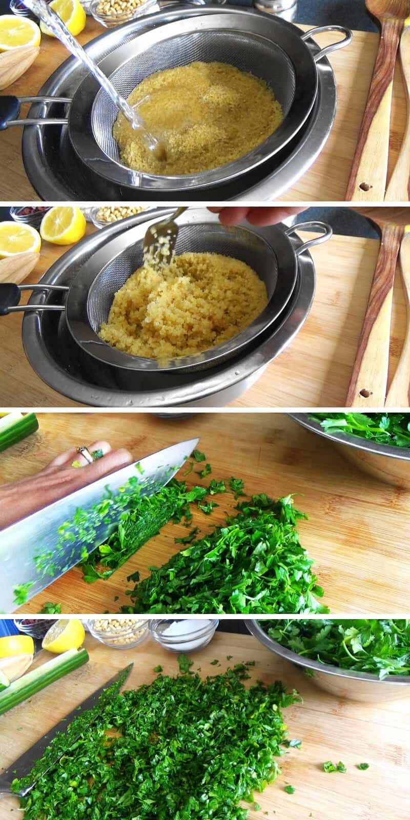 Preparation of the bulgur and chopping of parsley to make the tabouli salad.