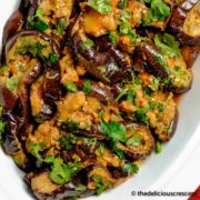 Moroccan eggplant salad with chermoula in a serving dish.