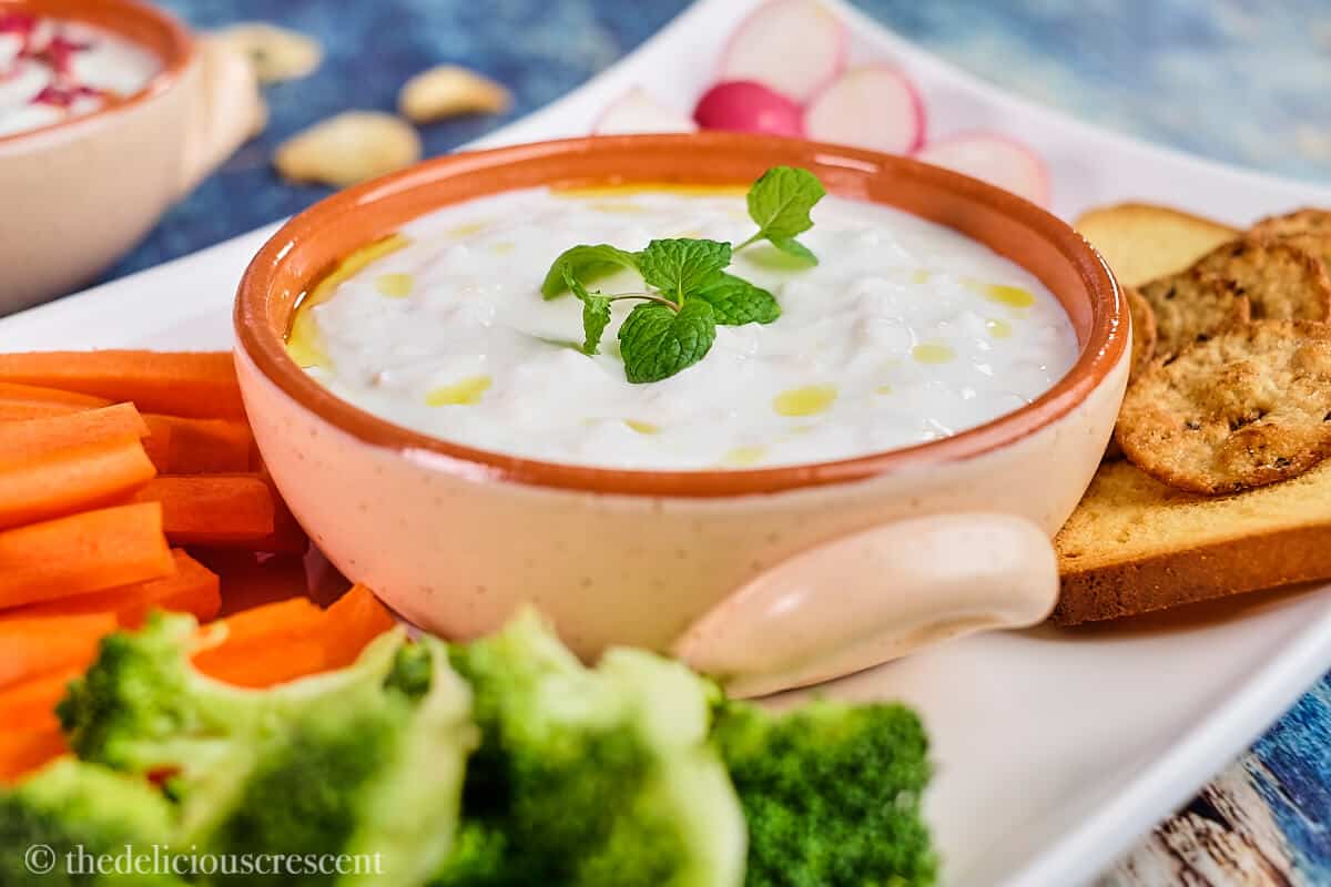 Side view of Persian shallot yogurt dip with crackers.