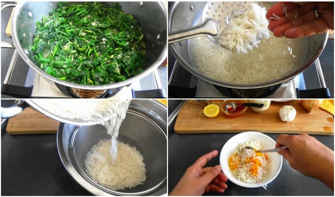 Preparation of spinach, rice and the yogurt-saffron mixture for making the Persian saffron rice (Tahchin Esfenaj)