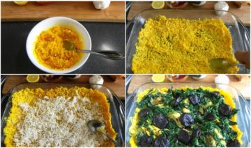Step by step procedure for making the Persian saffron rice cake (Tahchin esfenaj)