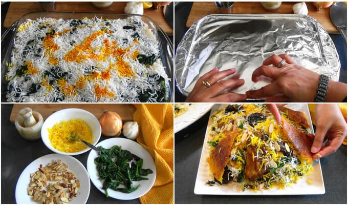 Final assembly and plating of Persian saffron rice