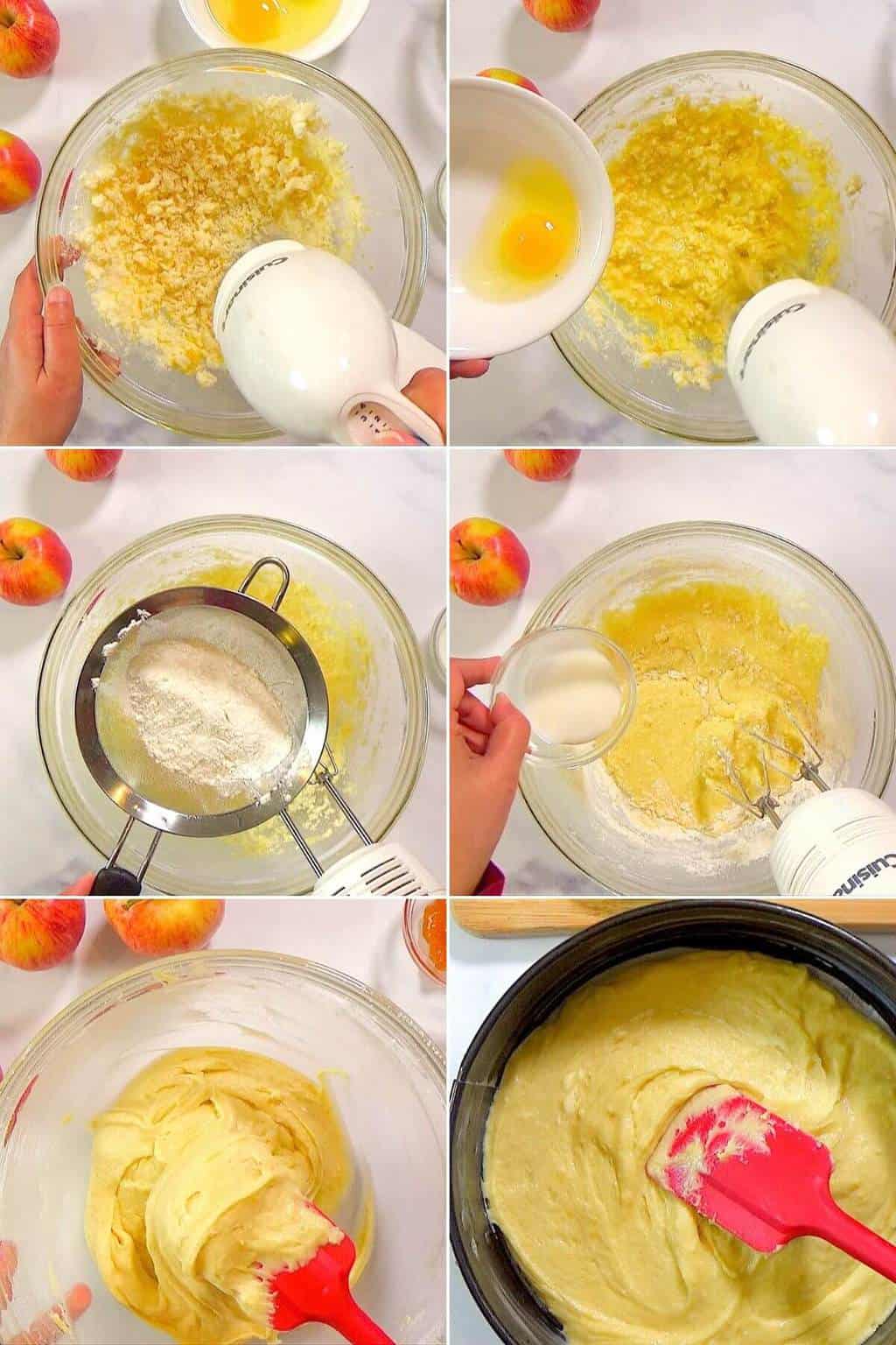 Step by step preparation of apple cake.