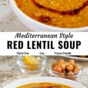 Red lentil quinoa soup pin image.