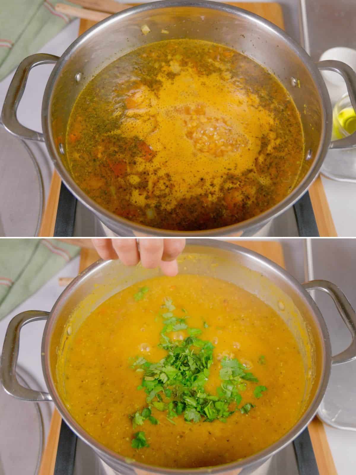 Simmering the soup and then seasoning it.