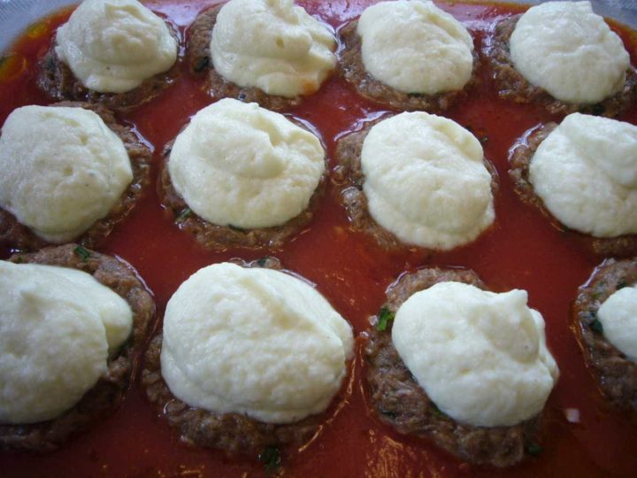 Creamed cauliflower stuffed in meatballs.