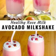 Different views of rose avocado milkshake served in two tall glasses with foamy milk and rose petals on the top.