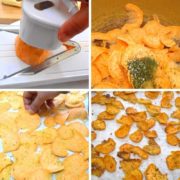 Vegetables being sliced, combined with spices, oil and baked to make crispy veggie chips.