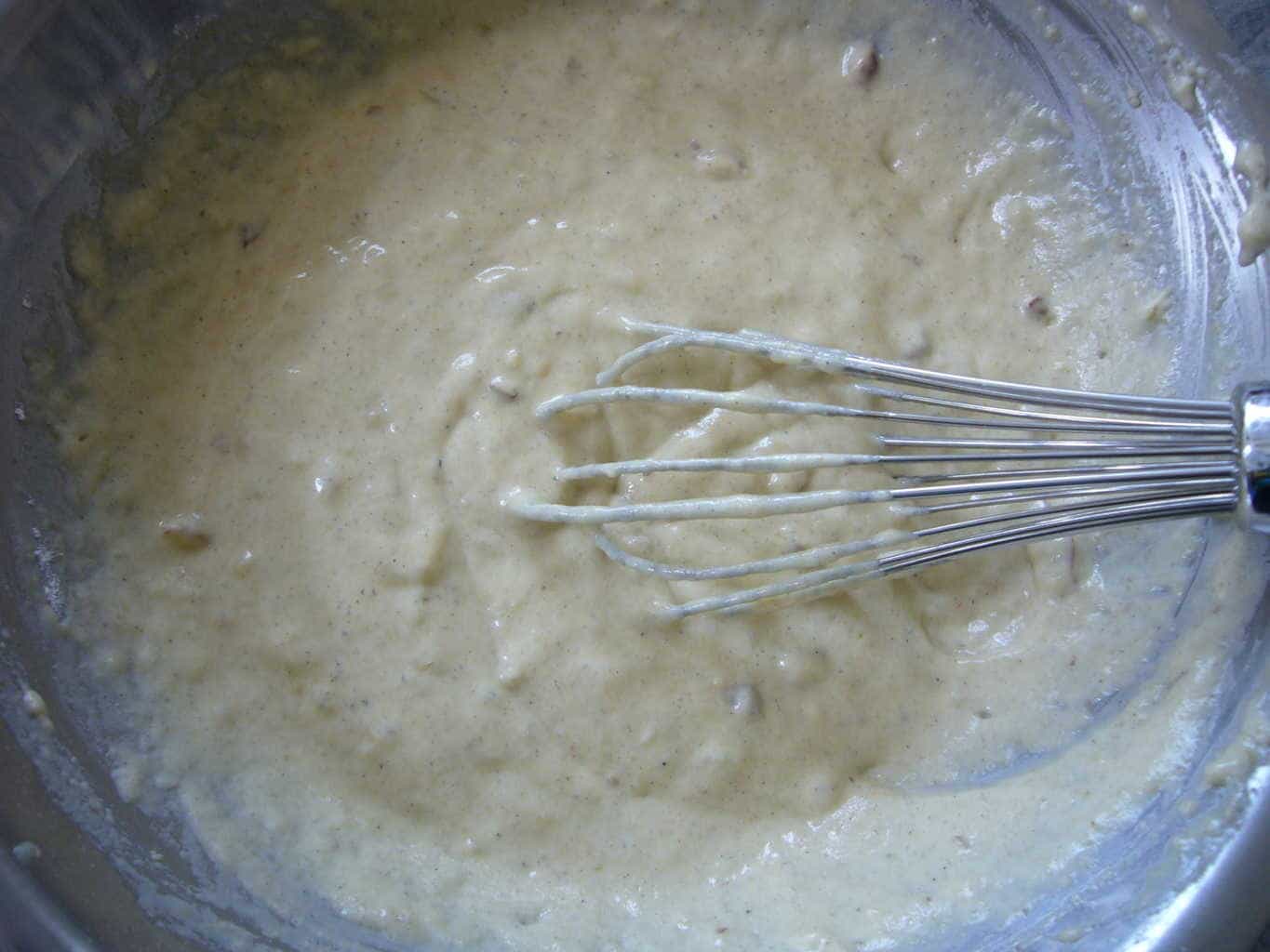 Wet and dry ingredients combined for making the pancakes