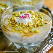 Chia mahalabia, a middle eastern style rice pudding with chia seeds served in a bowl.