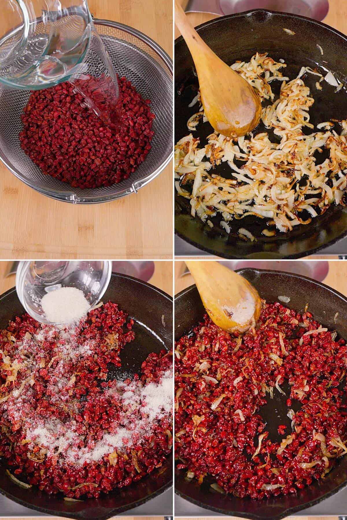 Dried barberries being prepared for the rice dish.