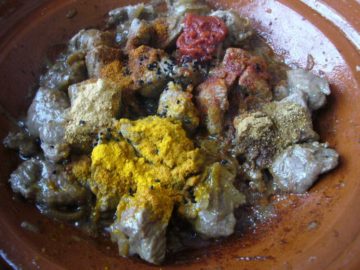 Braised meat and spices in a tagine.