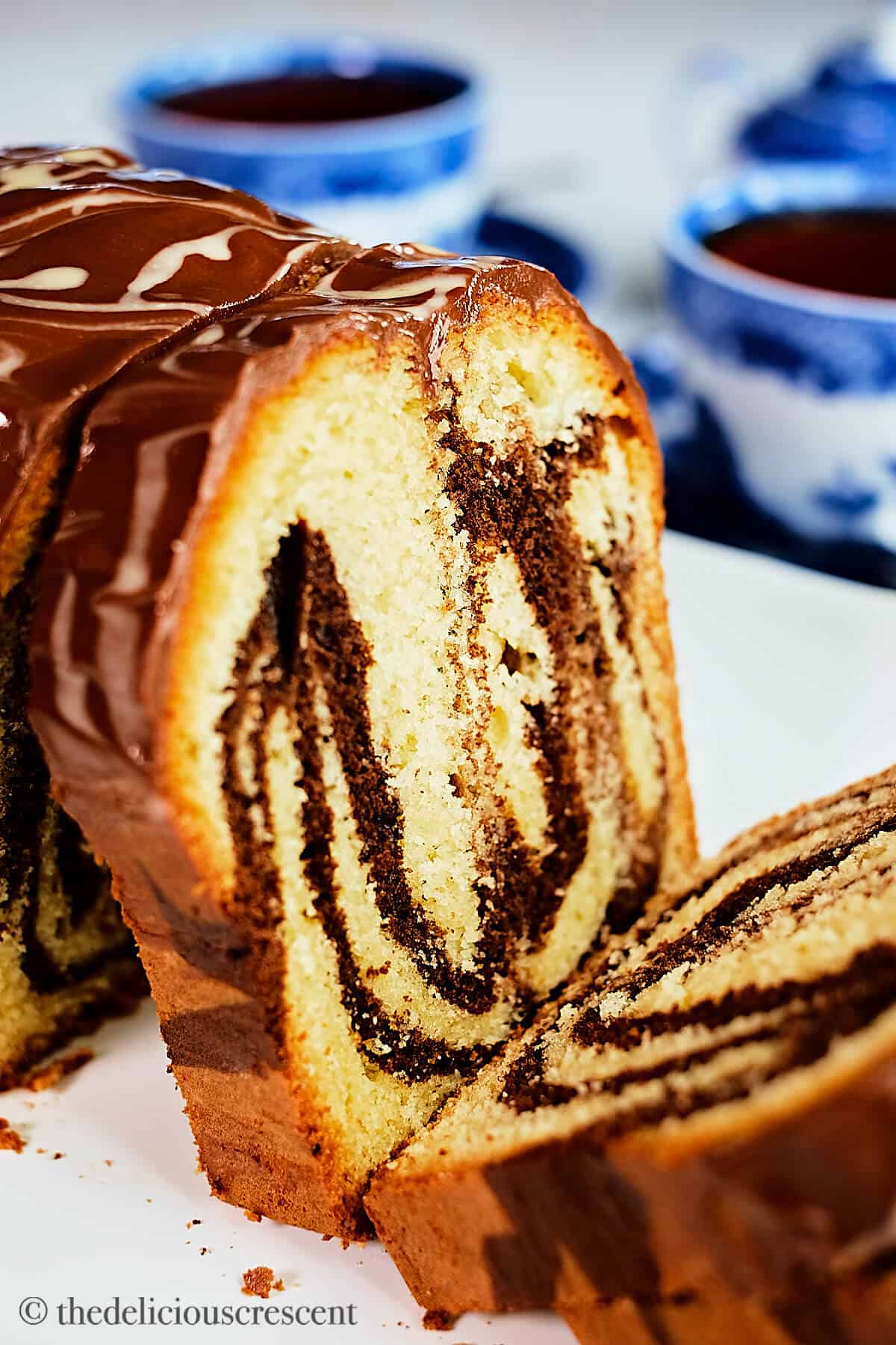 Close up view of a marble cake made with tahini.