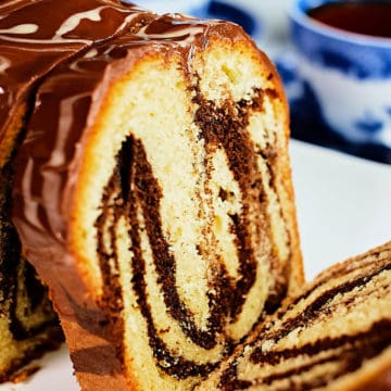 View of a marble cake made with tahini.