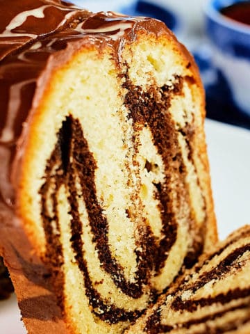 View of a marble cake made with tahini.