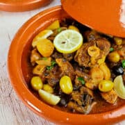 Close view of Moroccan lamb stew in a tagine pot.