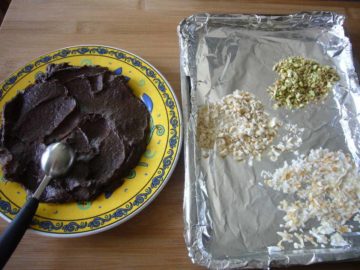 The truffle mixture and the toppings for avocado chocolate truffles.