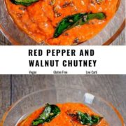 Different views of roasted red pepper and walnut chutney served in a glass bowl.