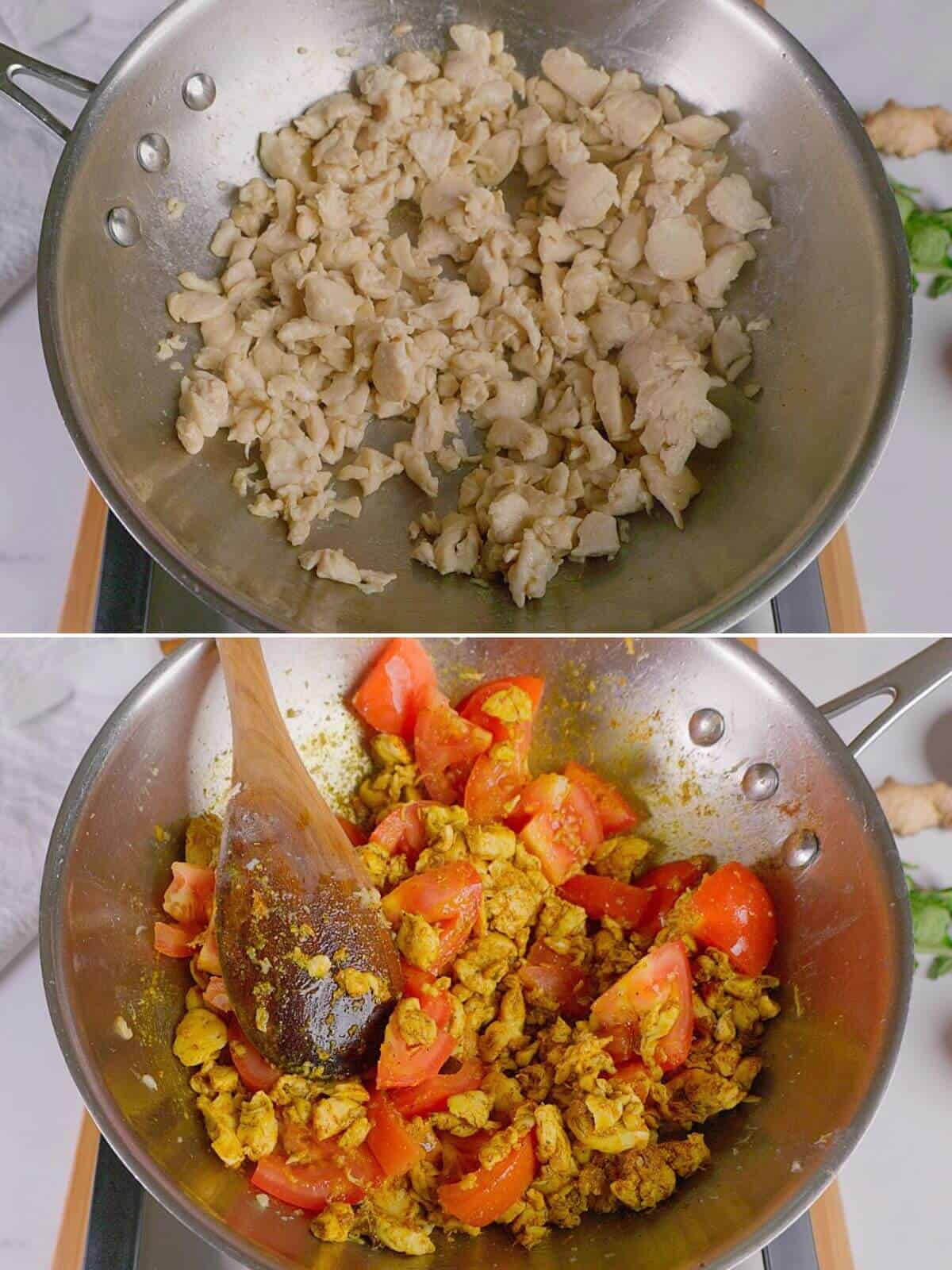 Cooking chicken with spices and tomatoes.