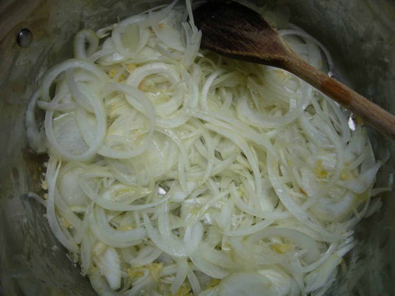 Onions thinly sliced for making soup.