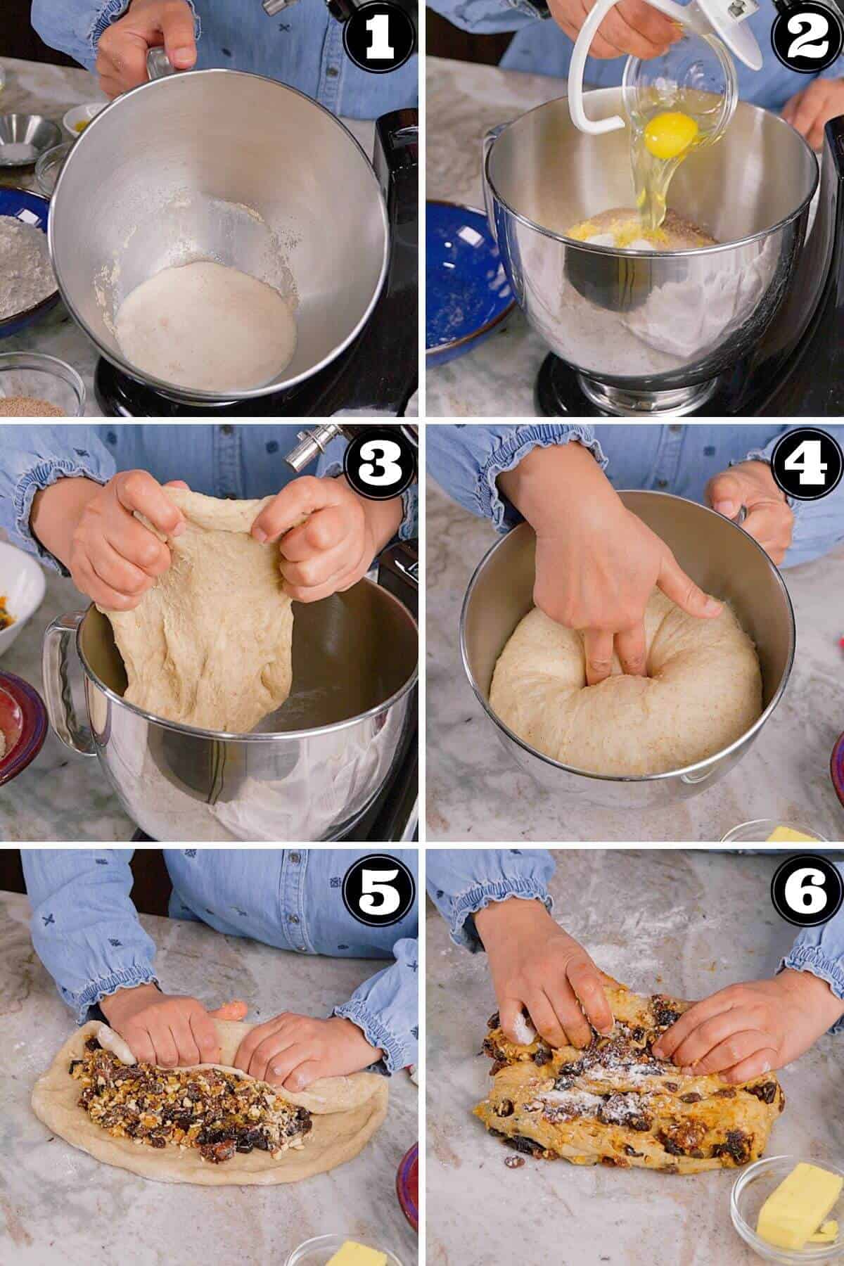Making the dough and adding dried fruit to it.