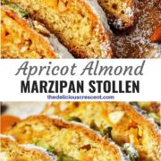 Different views of apricot almond marzipan stollen sliced and served on a plate.