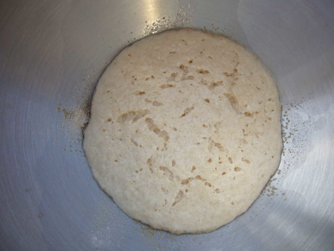 Yeast foamed up in a stainless steel bowl.