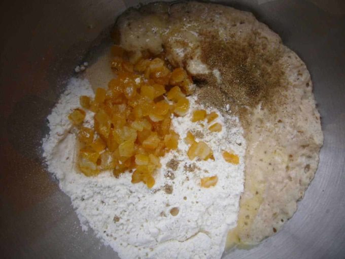 Activated yeast, dried apricots, flour and spices in a bowl.