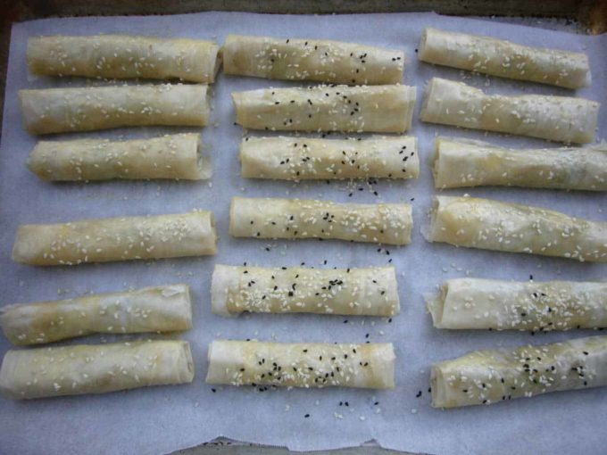 Phyllo rolls filled with potato filling.