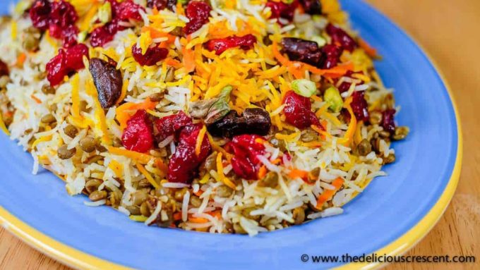 Close up shot of Persian style lentils and rice.