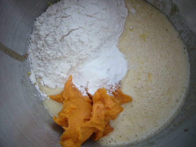 Flour and mashed sweet potato added to the other wet ingredients.