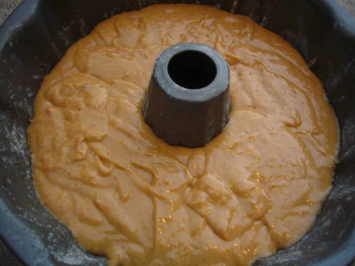The maple sweet potato cake batter in the bundt cake pan.