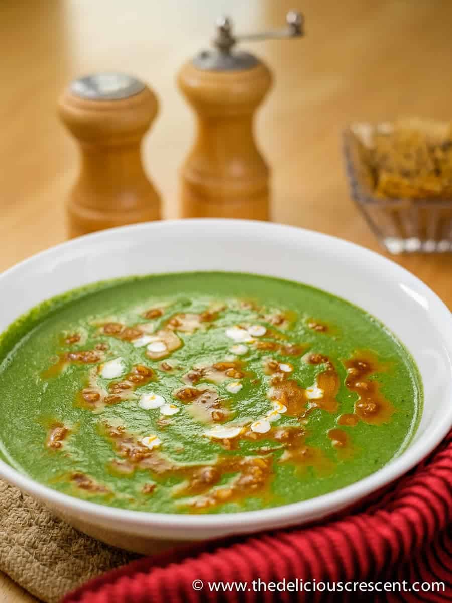 Easy and aromatic mustard greens and spinach soup inspired by the famous Indian Sarson Ka Saag. So delicious, nutritious, low carb, gluten free and vegetarian.
