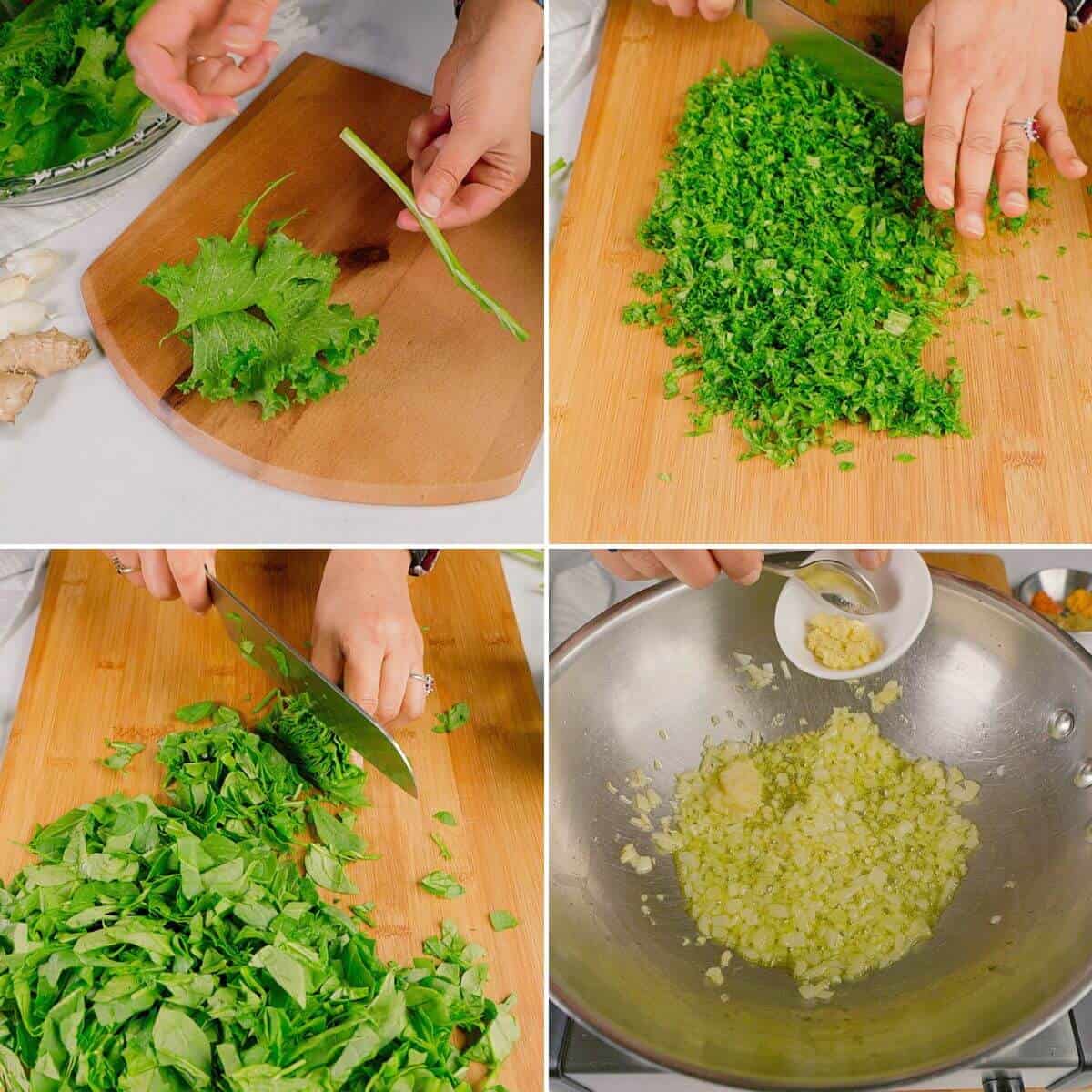 Preparing the greens and cooking the aromatics.