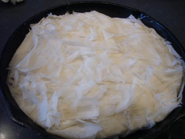 All the filo dough layers pulled together to cover the chicken filling.