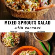 Different views of mixed sprouts salad served in coconut shells.