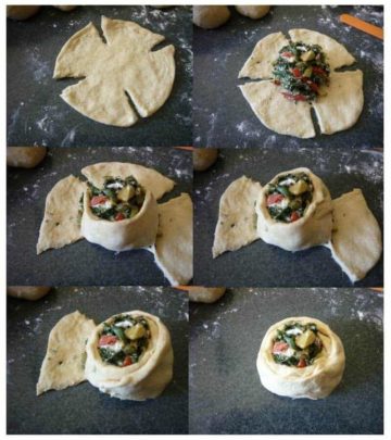 Making the Fatayer (Swiss chard pies) in a circular form