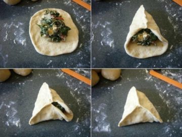 Making the Fatayer (Swiss chard pies) in a triangular form