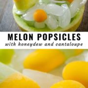 Different views of melon popsicles arranged on a plate and in a melon shell.