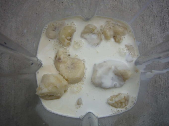 Blend frozen banana, evaporated milk, cream, flavors and honey.