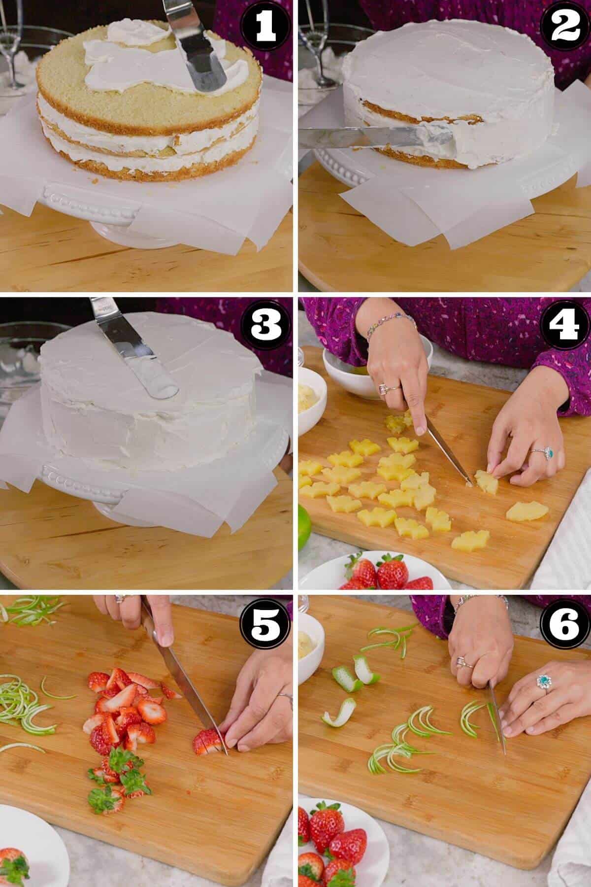 Frosting a cream cake and preparing fruit decorations.