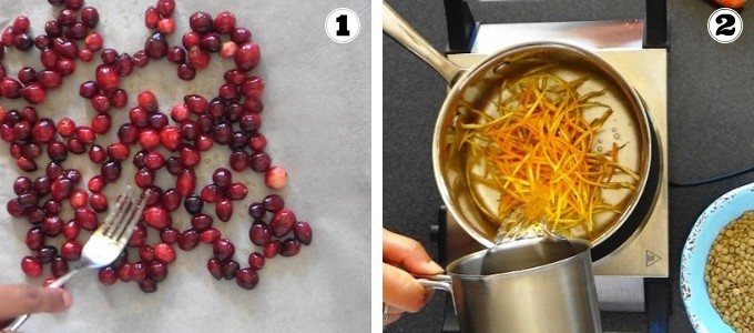 Preparing cranberries and orange rind for making lentil rice with cranberries.