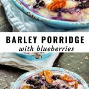 Different views of barley porridge served in a bowl and topped with walnuts, dates and blueberries.