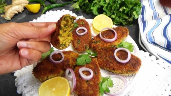 Fish cakes served on a plate with onions and lemon slices. Close up view of a bite of fish shami kabab.