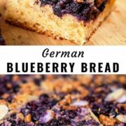 Different views of German blueberry bread sliced and placed on a wooden board.