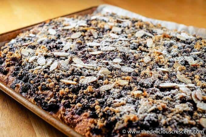 Side view of German blueberry bread.