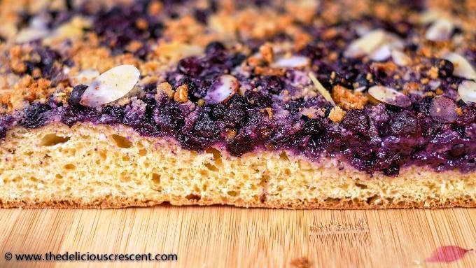 Close up view of German blueberry bread.